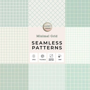 Op de afbeelding: Een verzameling van acht naadloze minimale rasterpatronen in mintgroen en gebroken wit. De patronen bevatten verschillende rasterontwerpen, zoals rechte lijnen en ruitvormen. De afbeelding bevat ook de tekst "Minimal Grid SEAMLESS PATTERNS".