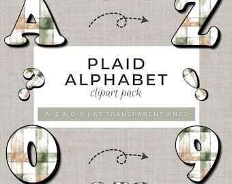 May include: A collection of plaid alphabet clipart, including letters A and Z, numbers 0, 9, 2, 5, and 8, and punctuation marks. The letters and numbers feature a green, brown, and white plaid pattern with a white outline. The text reads "PLAID ALPHABET clipart pack".