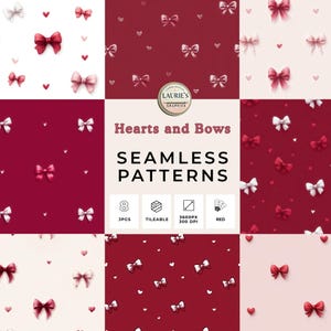 Puede incluir: Ocho patrones sin costuras con lazos y corazones en tonos rojos y blancos. Los patrones son repetibles, con una resolución de 3600px a 300 DPI. El texto "Hearts and Bows" y "Seamless Patterns" también es visible.