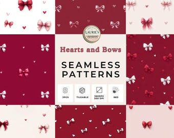 May include: A collection of eight seamless patterns featuring bows and hearts in shades of red and white. The patterns are tileable and have a resolution of 3600px at 300 DPI. The text "Hearts and Bows" and "Seamless Patterns" is also visible.