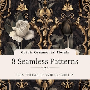 Gothic Ornamental Floral Seamless Patterns - Black White & Gold Victorian Digital Paper, Luxury Baroque Backgrounds (Instant Download)