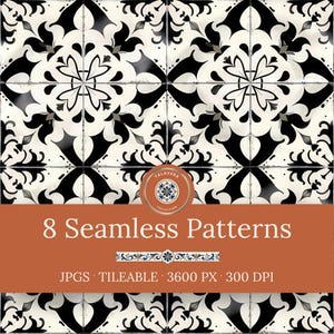 Talavera Seamless Patterns - Black & White Floral Digital Paper, Spanish Ceramic Tile Designs (Instant Download)