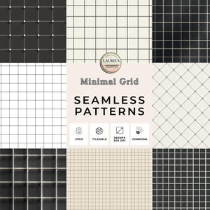 Pode incluir: Gráfico digital com nove padrões de grade minimalista sem costura em várias cores, incluindo preto, branco e bege. Inclui o texto "Minimal Grid SEAMLESS PATTERNS".