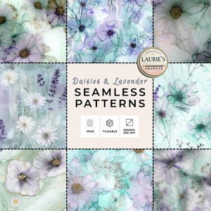 Patrones sin costuras de margaritas y lavanda con tinta de alcohol: Papel digital floral pastel en tonos menta y lila, JPG estilo jardín botánico, uso comercial