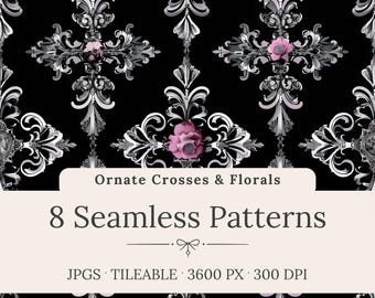 May include: A digital graphic featuring a seamless pattern of ornate silver crosses and pink floral accents on a black background. The text reads Ornate Crosses & Florals, 8 Seamless Patterns, JPGS, TILEABLE, 3600 PX, 300 DPI with a small bow icon.