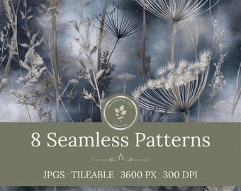 May include: A digital graphic featuring a dark blue, cloudy background with white, ethereal botanical illustrations of wildflowers and grasses. A circular logo reads Botanical Veil Collection, with text stating 8 Seamless Patterns, JPGS, TILEABLE, 3600 PX, 300 DPI.