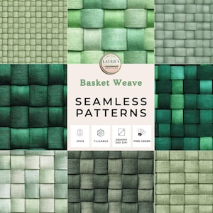 Puede incluir: Una colección de ocho patrones de tejido de cesta sin costuras en varios tonos de verde. La imagen incluye el texto "Basket Weave Seamless Patterns" e información sobre el tipo de archivo y la resolución.