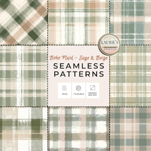 Könnte beinhalten: Eine digitale Kunstgrafik mit acht nahtlosen Karomustern in Salbeigrün, Beige und Braun. Das Bild enthält den Text "Boho Plaid - Sage & Beige SEAMLESS PATTERNS" und Details zum Dateiformat.