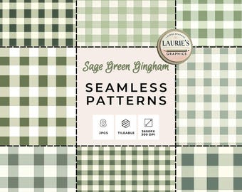 Sage Green Gingham Seamless Patterns: Rustic Checkered Backgrounds, Plaid Scrapbooking Paper (Digital Download)