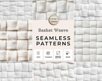 May include: A collection of seamless basket weave patterns in various shades of white. The image includes a central graphic with the text "Basket Weave SEAMLESS PATTERNS" and details about the files, including "8 JPGs", "Tileable", and "3600PX 300 DPI".