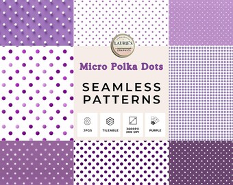 May include: A collection of eight seamless patterns featuring micro polka dots in various shades of purple. The patterns include different dot sizes and arrangements on a white or purple background. The image also includes the text "Micro Polka Dots" and "Seamless Patterns".