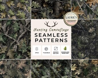 Paquete de patrones sin costuras de camuflaje de caza: fondos de camuflaje de roble y musgo de bosque para sublimación, ropa, manualidades rústicas y proyectos al aire libre.