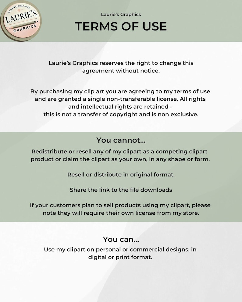 Outlined terms of use, versatile for commercial and personal use.