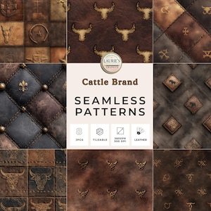 May include: A collection of eight seamless leather patterns with a western theme. The designs feature embossed cattle brands, bull heads, and quilted textures in shades of brown and tan. The text "Cattle Brand" and "Seamless Patterns" is also visible.