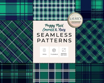 Preppy Plaid Seamless Patterns: Classic Emerald and Navy Tartan Digital Paper Pack for Crafts, Sublimation & Stationary, JPG, Commercial Use