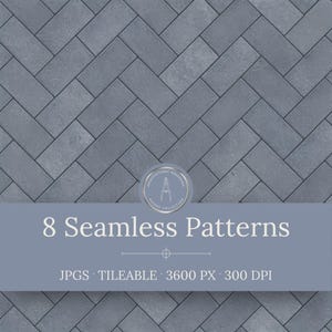 May include: A digital graphic featuring a dark gray stone paver texture arranged in a herringbone pattern. A circular logo with a compass icon sits above a light blue banner containing the text 8 Seamless Patterns, JPGS, TILEABLE, 3600 PX, 300 DPI.