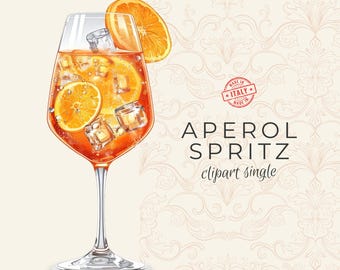 May include: Illustration of an Aperol Spritz cocktail in a tall wine glass, with orange slices and ice cubes. The drink is a bright orange colour, with the text "APEROL SPRITZ" and "clipart single" in black.