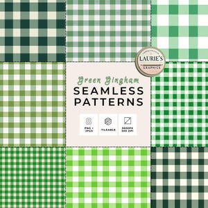 Może przedstawiać: Kolekcja ośmiu bezszwowych wzorów w kratę vichy w odcieniach zieleni, od ciemnozielonego po jasnozielony i żywy limonkowy. Wzory są powtarzalne i dostępne w formatach PNG i JPG, o rozdzielczości 3600px przy 300 DPI. Tekst brzmi "Green Gingham Seamless Patterns."
