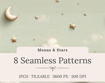 Monoline Moons & Stars Seamless Patterns: Olive Night Sky, Neutral Baby Nursery Backgrounds (Digital Download)