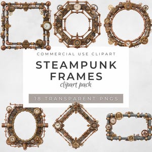 Könnte beinhalten: Eine Sammlung von Steampunk-Rahmen in verschiedenen Formen, darunter quadratische, ovale und kreisförmige Designs. Die Rahmen sind aus Metallrohren, Zahnrädern und Zifferblättern gefertigt. Der Text "STEAMPUNK FRAMES" ist zu sehen.