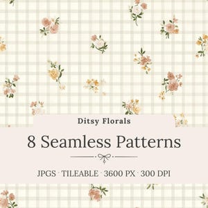 May include: A digital art image featuring a repeating pattern of small floral bouquets in shades of pink, peach, and yellow on a light beige checkered background. The text "Ditsy Florals" and "8 Seamless Patterns" are displayed.