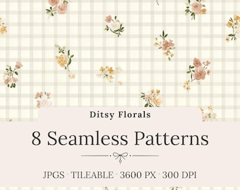 May include: A digital art image featuring a repeating pattern of small floral bouquets in shades of pink, peach, and yellow on a light beige checkered background. The text "Ditsy Florals" and "8 Seamless Patterns" are displayed.
