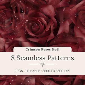 Crimson Roses Noel Seamless Patterns: Luxury Ruby Red Velvet Backgrounds, Floral Textures (Digital Download)