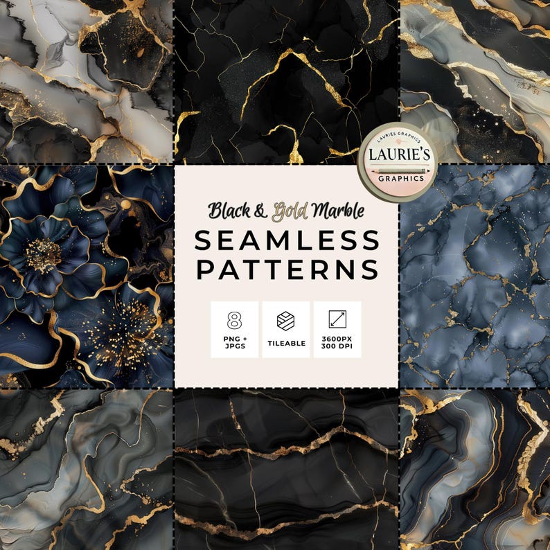 Luxury Black & Gold Marble Seamless Pattern, Alcohol Ink Digital Paper ...