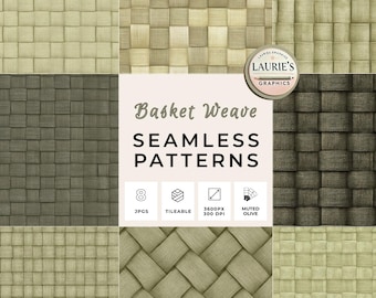 May include: A digital image showcasing eight seamless basket weave patterns in various muted olive and neutral tones. The image includes the text "Basket Weave Seamless Patterns" and details about the file format and resolution.