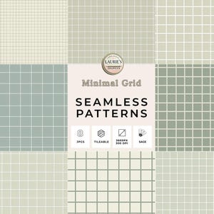 Op de afbeelding: Een verzameling van acht naadloze minimale rasterpatronen in verschillende tinten groen en beige. De afbeelding bevat de tekst "Minimal Grid SEAMLESS PATTERNS" en details over de patronen, zoals dat ze tegelbaar zijn en 3600px bij 300 DPI.