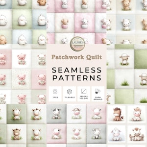 May include: A patchwork quilt design featuring seamless patterns with farm animals. The design includes images of chicks, puppies, pigs, sheep, cows, and horses. The text on the image reads "Patchwork Quilt" and "Seamless Patterns".