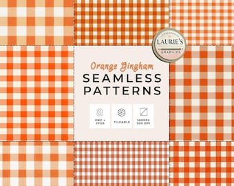 May include: A digital collection of orange gingham seamless patterns featuring various check sizes. The central text reads Orange Gingham SEAMLESS PATTERNS, 8 PNG + JPGS, TILEABLE, and 3600PX 300 DPI. A circular logo displays Laurie's GRAPHICS.