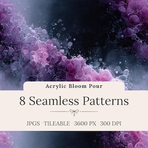 May include: Abstract digital art featuring a dark background with purple and pink organic shapes. The text "Acrylic Bloom Pour" and "8 Seamless Patterns" is displayed on a cream-colored banner. The image also includes "JPGS TILEABLE 3600 PX 300 DPI".