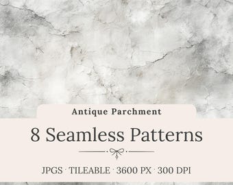 May include: A digital image featuring a textured, marbled background in shades of gray and white. The image includes text that reads "Antique Parchment" and "8 Seamless Patterns". Additional text indicates the file type and resolution.