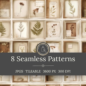Puede incluir: Una colección digital de 8 patrones sin costuras que presenta una cuadrícula de marcos de madera clara con especímenes botánicos prensados, flores secas y documentos antiguos escritos a mano. El texto 8 Seamless Patterns JPGS TILEABLE 3600 PX 300 DPI se superpone en una banda gris oscuro con un logotipo circular.