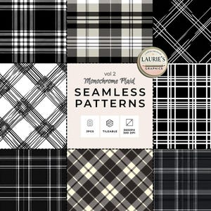 Puede incluir: Una colección de ocho patrones sin costuras de cuadros monocromáticos en blanco, negro y gris. Los patrones incluyen varios diseños de cuadrícula y diagonales. La imagen también incluye el texto "vol 2 Monochrome Plaid SEAMLESS PATTERNS".