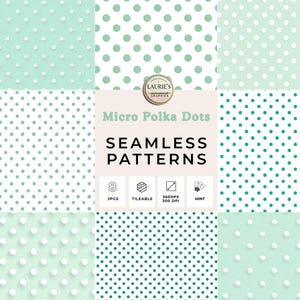 May include: A collection of eight seamless patterns featuring micro polka dots in various shades of mint green and white. The patterns are displayed in a grid, showcasing different arrangements of the dots. The image includes the text "Micro Polka Dots Seamless Patterns".