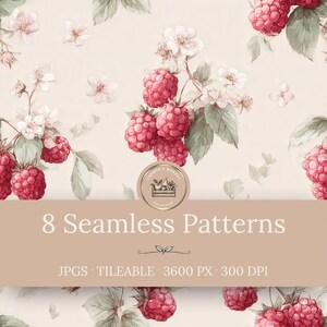 Raspberry Seamless Patterns - Fruit Backgrounds, Cottagecore Digital Papers (Instant Download)