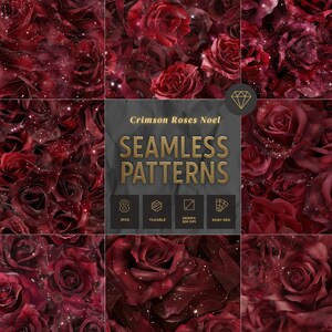 Peut inclure: Huit motifs sans couture présentant des roses rouge rubis. Les motifs sont répétables et ont une résolution de 3600px. Le texte "Crimson Roses Noel" et "Seamless Patterns" est affiché en or.