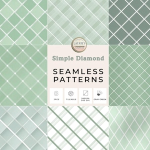 May include: A collection of eight seamless diamond patterns in shades of gray-green. The patterns include various grid and diagonal designs. The image also includes the text "Simple Diamond SEAMLESS PATTERNS" and details about the file format.