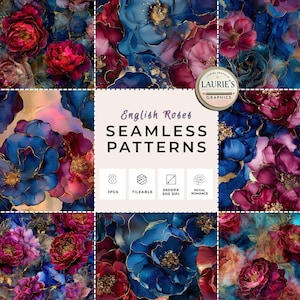 Puede incluir: Patrones sin costuras con rosas inglesas en tonos azules, rojos y morados con detalles dorados. La imagen incluye el texto "English Roses SEAMLESS PATTERNS" e iconos que indican que los patrones son repetibles.