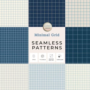 Pode incluir: Uma coleção de oito padrões de grade minimalistas e sem costura em vários tons de azul e creme. A imagem inclui o texto "Minimal Grid" e "Seamless Patterns", juntamente com ícones que indicam ladrilhos, 3600px e cerúleo.