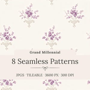 Peut inclure: Motif de répétition de bouquets floraux violets et beiges sur fond crème. Le texte "Grand Millennial" et "8 Seamless Patterns" est affiché. Idéal pour les textiles et le papier peint.