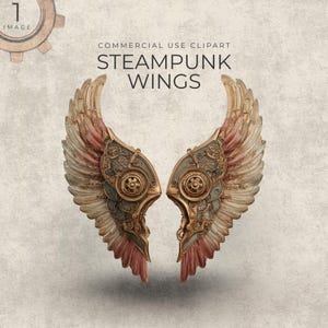 May include: Steampunk wings illustration with a detailed design. The wings feature a combination of gold, silver, and bronze tones, with intricate mechanical details. The text "STEAMPUNK WINGS" is visible.