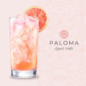 Può includere: Illustrazione ad acquerello di un cocktail Paloma in un bicchiere alto, pieno di ghiaccio e una fetta di pompelmo. La bevanda ha una sfumatura rosa e arancione. Lo sfondo è un motivo floreale rosa chiaro con il testo "PALOMA clipart single".