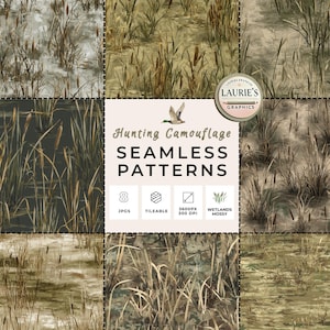 Może przedstawiać: Cyfrowy kolaż przedstawiający osiem bezszwowych wzorów kamuflażu myśliwskiego. Wzory przedstawiają motywy terenów podmokłych i mchu z pałkami wodnymi i trzciną w odcieniach brązu, zieleni i szarości. Obraz zawiera tekst "Hunting Camouflage SEAMLESS PATTERNS".