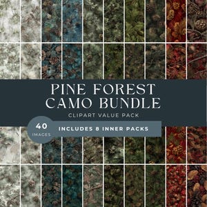 Può includere: Una collezione digitale intitolata PINE FOREST CAMO BUNDLE CLIPART VALUE PACK, che include 40 immagini in 8 pacchetti. La visualizzazione mostra vari motivi ripetitivi di aghi di pino, rami e pigne in tonalità verdi, rosse e neutre.