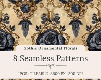 May include: A digital graphic featuring a seamless pattern of dark blue roses intertwined with ornate gold filigree elements on a beige background. The text reads: Gothic Ornamental Florals, 8 Seamless Patterns, JPGS, TILEABLE, 3600 PX, 300 DPI.