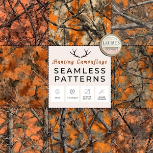 Blaze Orange Hunting Camouflage Seamless Patterns: Bold Fall Forest Digital Camo Backgrounds for Rustic Outdoor Crafts & Sublimation, JPG