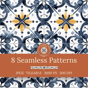 Talavera Seamless Patterns: Mediterranean Digital Paper, Blue & Yellow Spanish Ceramic Tile Designs (Instant Download)